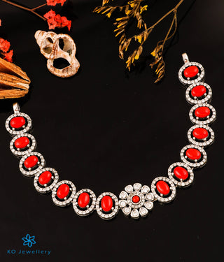 The Victorian Silver Choker Necklace & Earrings (Bright Silver/Coral)
