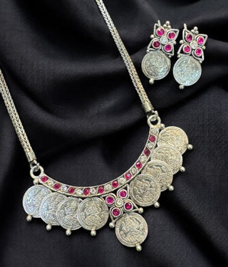 The Mudra Silver Lakshmi  Kasumala Necklace & Earrings (Oxidised)