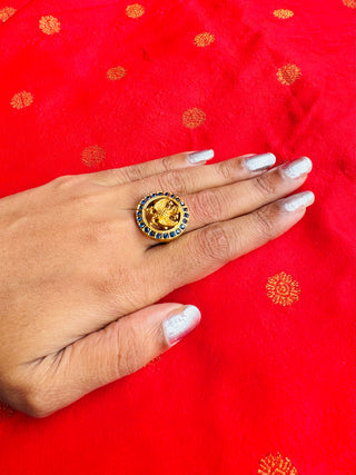 The Rujuta Silver Vanki Gandaberunda Adjustable Finger Ring (Green)