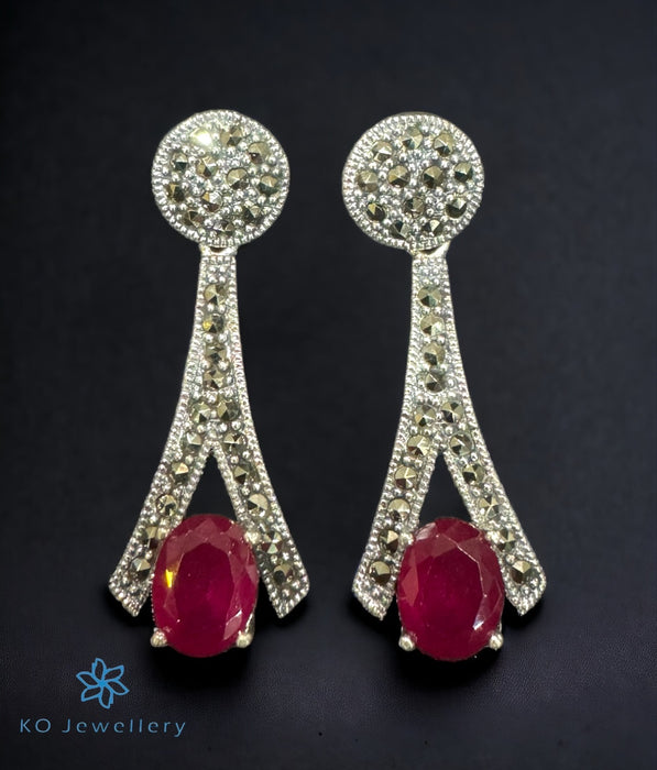 The Trillion Silver Marcasite Cocktail Earrings (Red)