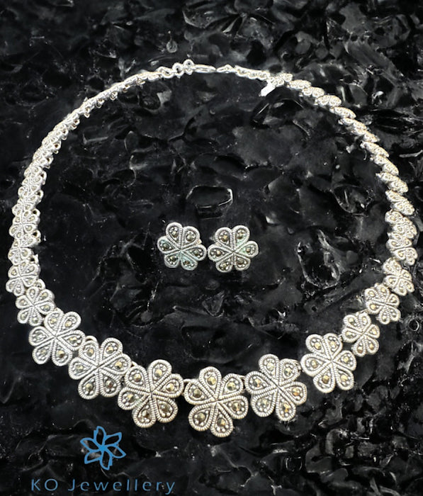 The Clora Floral Silver Marcasite Necklace & Earrings