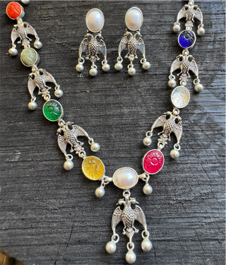 The Dvi-Paksha Silver Gandaberunda Navratna Necklace & Earrings