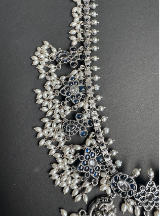 The Marala Silver Guttapusalu Necklace (Oxidised/Blue/Rice Pearl)