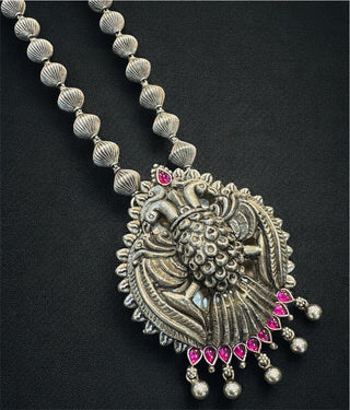 The Suvrata Silver Gandaberunda Beads Necklace & Earrings (Oxidised)