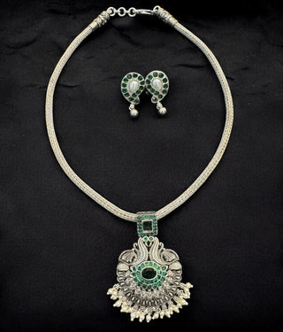The Bhumija Nakshi Silver Peacock Necklace & Earrings (Oxidised)