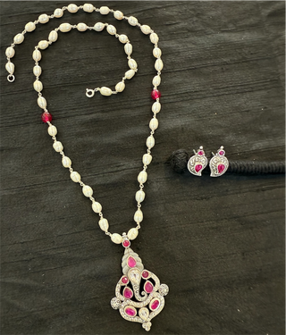 The Sumukh Silver Ganesha Pearl Necklace & Earrings