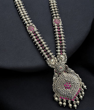 The Taraka Silver Long Filigree Peacock Necklace (Oxidised)