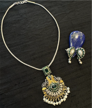 The Bhumija Nakshi Silver Peacock Necklace & Earrings (2 tone)
