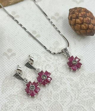 The Silver Marcasite Pendant Set (Ruby)