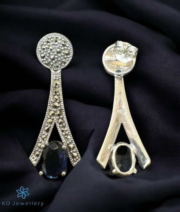 The Trillion Silver Marcasite Cocktail Earrings (Blue)