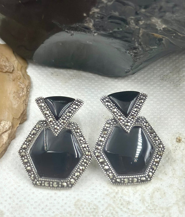 The Hexagon Silver Marcasite Earrings (Black)
