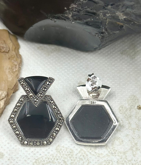 The Hexagon Silver Marcasite Earrings (Black)