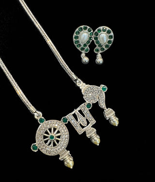 The Vajra Shankhu, Chakra Nama Silver Necklace & Earrings (Oxidised)