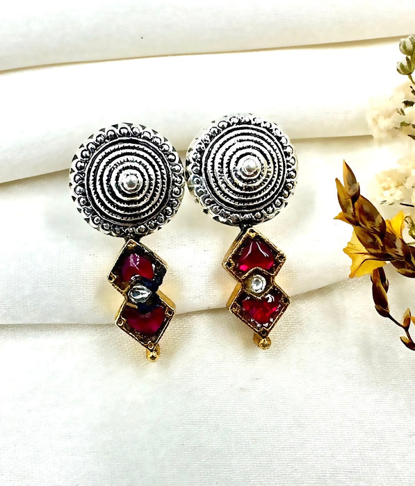 The Silver Kundan Earrings (Red)(2 tone)