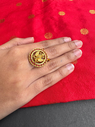 The Rujuta Silver Vanki Gandaberunda Adjustable Finger Ring (Red)