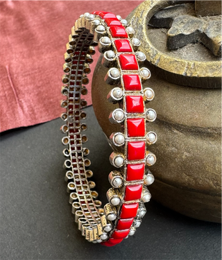 The Rajanya Silver Coral&Pearl Bangle (Oxidised/Size 2.2/2.4/2.6/2.8)