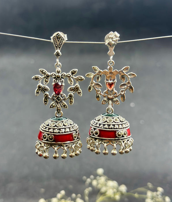 The Red Silver Marcasite Jhumkas