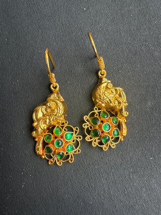 The Neelanshi Silver Peacock Green Kemp Earrings