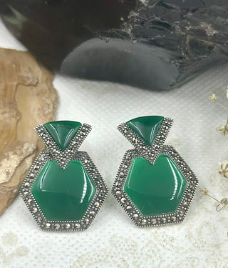 The Hexagon Silver Marcasite Earrings (Green)