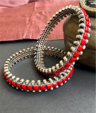 The Rajanya Silver Coral&Pearl Bangle (Oxidised/Size 2.2/2.4/2.6/2.8)