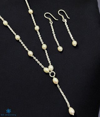 The Vachi Lariat Silver Pearl Necklace & Earrings