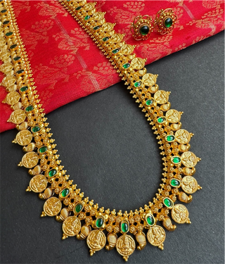 The Pratha Antique Silver Lakshmi Kasumala Coin Necklace/Waistbelt (Green)