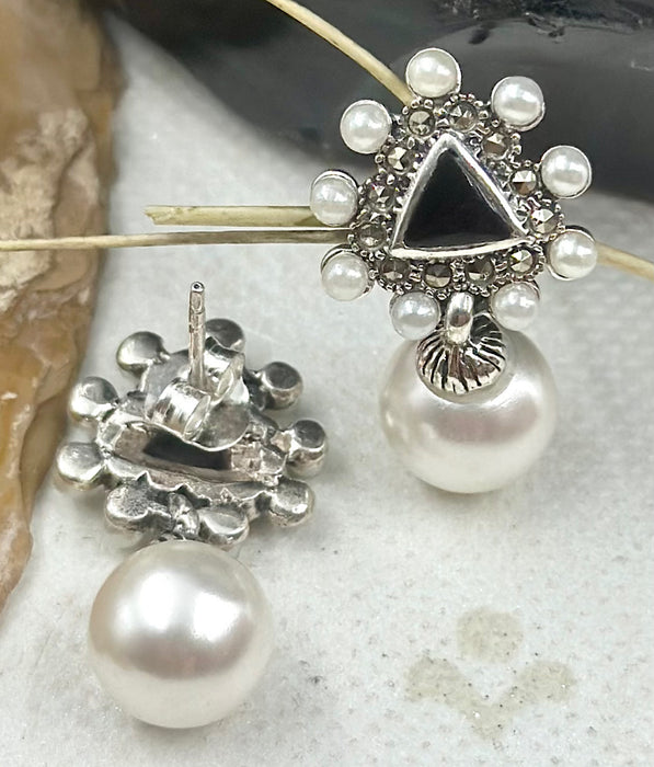 The Silver Pearl & Marcasite Earrings (Black)