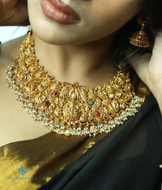 Close up view of a model wearing Samanva Silver Lakshmi Necklace
