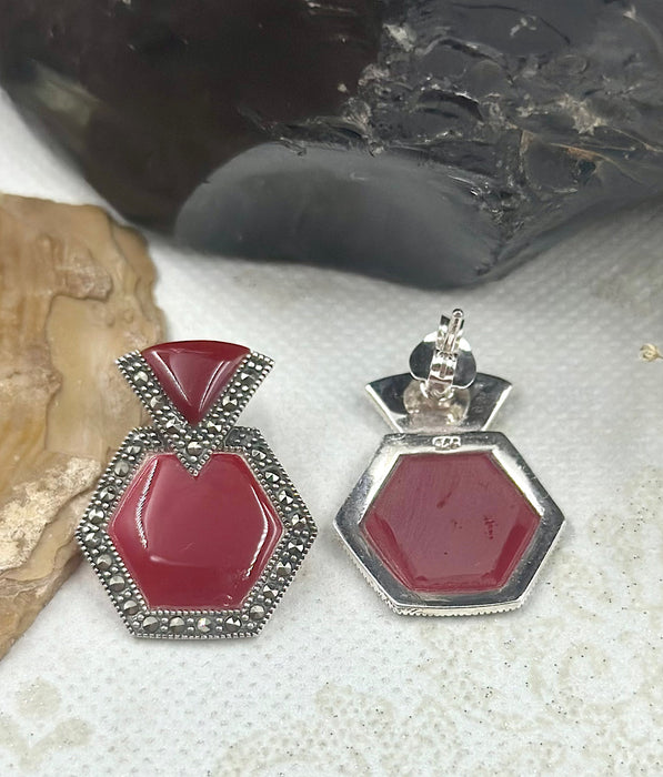 The Hexagon Silver Marcasite Earrings (Red)