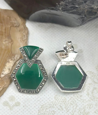 The Hexagon Silver Marcasite Earrings (Green)
