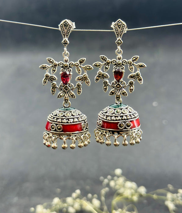 The Red Silver Marcasite Jhumkas