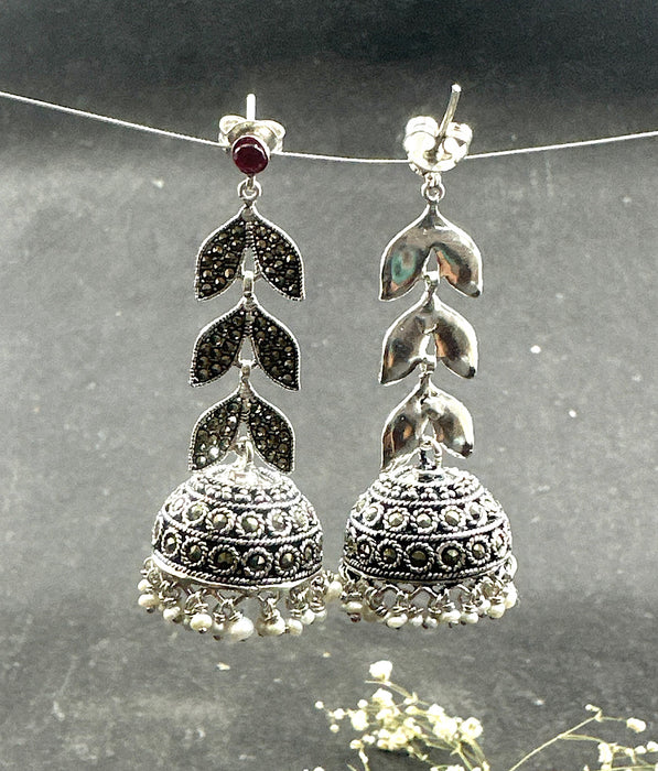 The Leafy Silver Marcasite Jhumkas