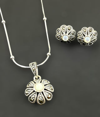 The Peony Silver Marcasite Pendant Set