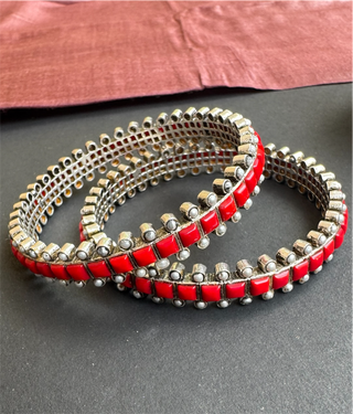 The Rajanya Silver Coral&Pearl Bangle (Oxidised/Size 2.2/2.4/2.6/2.8)