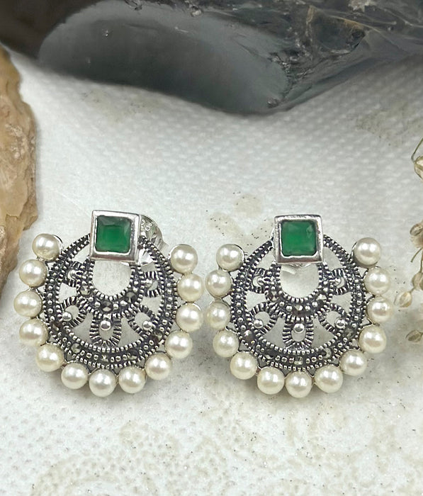 The Silver Pearl & Marcasite Earstuds (Green)