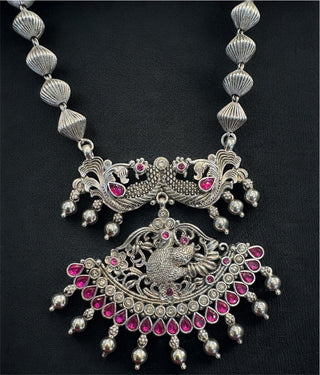The Manthan Silver Bridal Peacock Necklace & Earrings (Oxidised)