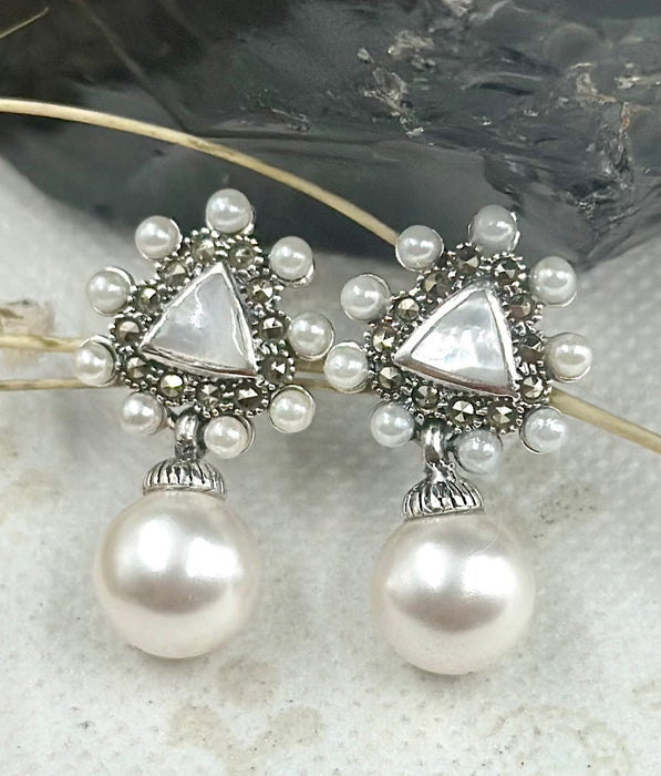 The Silver Marcasite Earrings  (Mother of Pearl)