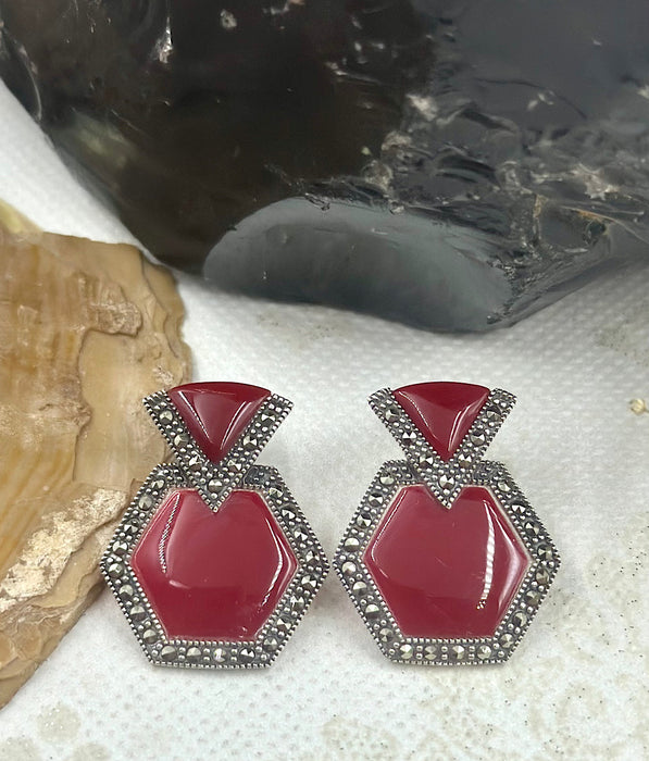 The Hexagon Silver Marcasite Earrings (Red)