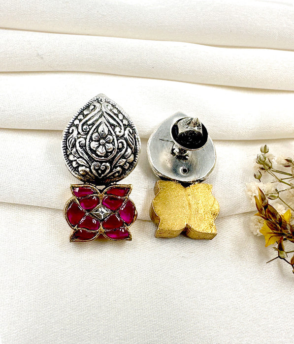The Intricate Silver Kundan Earrings (Red)(2 tone)