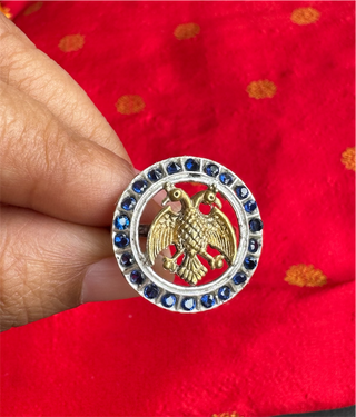 The Rujuta Silver Gandaberunda Adjustable Finger Ring (Blue- 2 Tone)