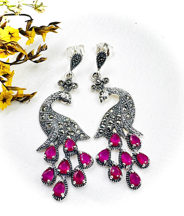 The Peacock Silver Marcasite Earrings (Red)