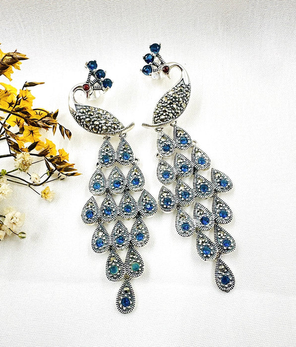 The Peacock Silver Marcasite Earrings (Blue)