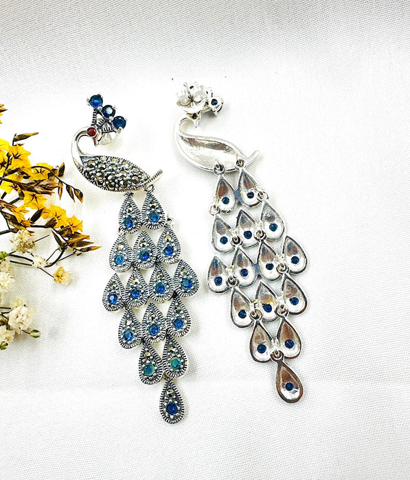 The Peacock Silver Marcasite Earrings (Blue)