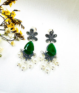 The Silver Pearl & Marcasite Earrings (Green)