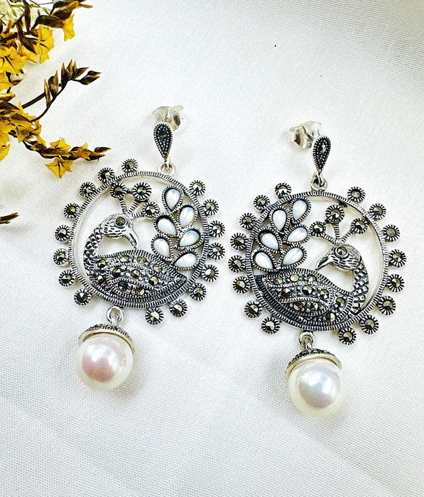The Peacock Silver Pearl Marcasite Earrings