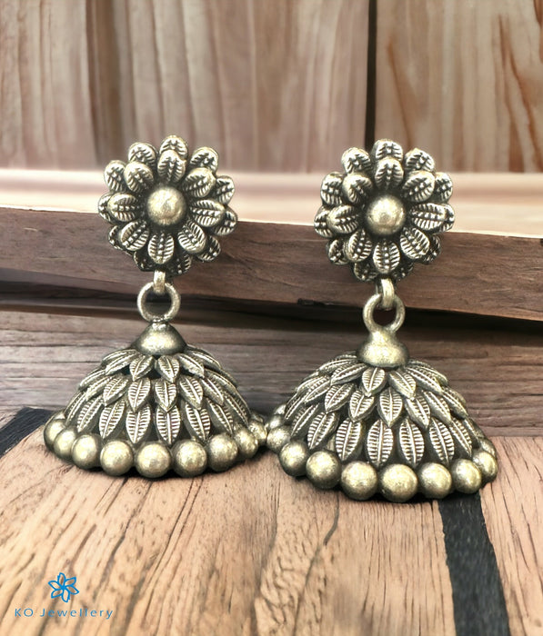 The Floral Silver Antique Jhumkas (Oxidised)