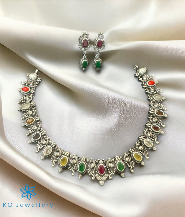The Aditya Silver Navratna Necklace & Earrings