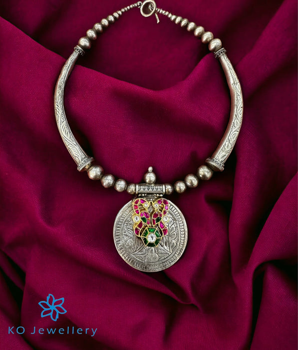 The Shyla Silver Antique Peacock Kundan Necklace (2 tone)