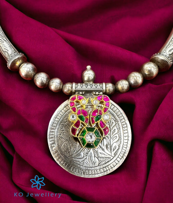 The Shyla Silver Antique Peacock Kundan Necklace (2 tone)