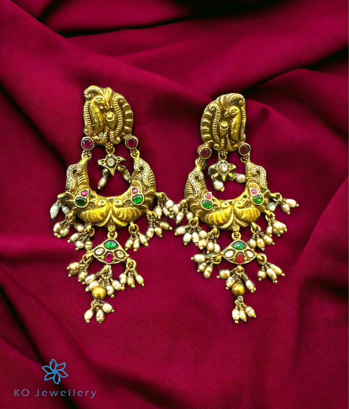 Statement Gold Brijbala / Chandbali Earrings Studded with Navrattan St